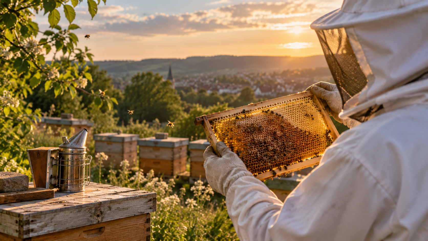 Imker mit einer Honigwabe vor Bienenstöcken im Abendlicht